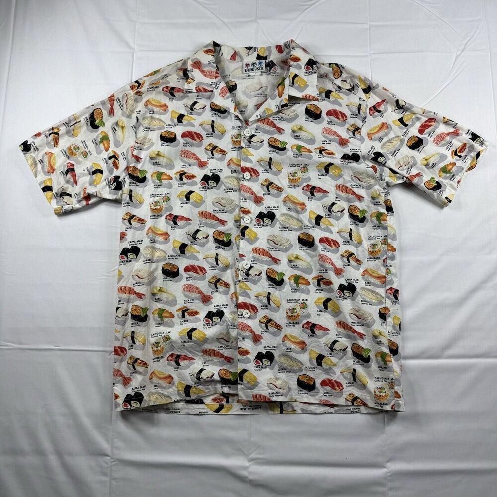 VTG 90s Third Rail Sushi Print Button Up Shirt Men XL Fish Inari Japan Food USA